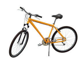Orange bicycle standing while leaning on kickstand, side view. Bike resting on kick stand. Png...
