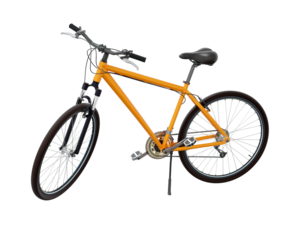 Orange bicycle standing while leaning on kickstand, side view. Bike resting on kick stand. Png clipart isolated on transparent background