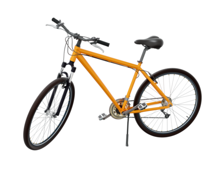 Orange bicycle standing while leaning on kickstand, side view. Bike resting on kick stand. Png clipart isolated on transparent background - Powered by Adobe