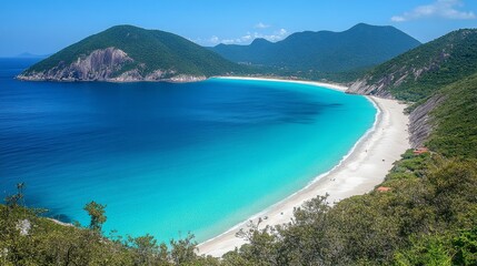 Secluded White Sand Beach, Turquoise Water, Lush Green Hills, Aerial View, Summer Vacation