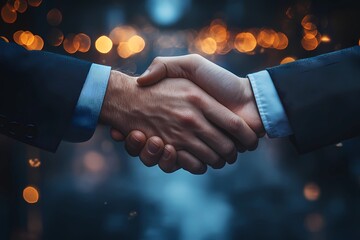 Mergers and acquisitions in business. Handshake, dark blue background symbolizing partnership and business agreement. The hands of men in suits