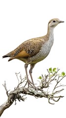 Solitary Tinamou Bird Perched on a Branch on a White Background, Photo Realistic, Wallpaper, Cover and Screen for Smartphone, PC, Laptop, 9:16 and 16:9 Format