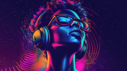 Obraz premium A digital portrait of a young woman wearing headphones, with a colorful abstract design behind her.