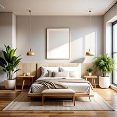 Minimalist modern bedroom interior background, 3D render, white Mock up frame