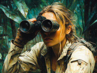 Female Explorer Scanning Jungle with Binoculars
