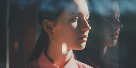 Contemplative Portrait of a Young Woman with Reflection in Window Light