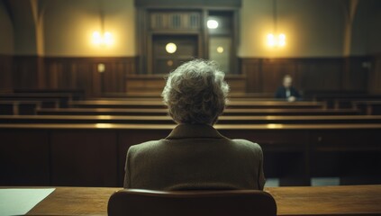 An elderly individual sits alone in a courtroom, surrounded by empty benches, waiting for a legal proceeding to commence