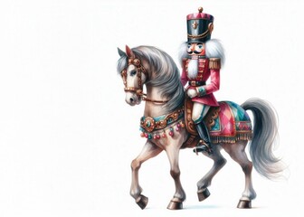 Traditioneller Nussknacker in Uniform auf dem Pferd,  weißer Hintergrund. Passt perfekt zu festlichen Anlässen und für die Weihnachtskarte, Platz für Text, generative KI
