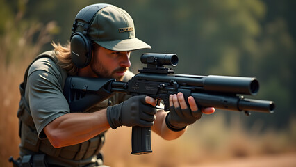Fototapeta premium A Confident Batter Holding an Incredibly Designed Rifle, Merging Sports with Marksmanship in a Unique Competition