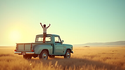 Fototapeta premium Childhood Adventures: A Small Boy Standing Proudly on a Pickup Truck in an Open Field