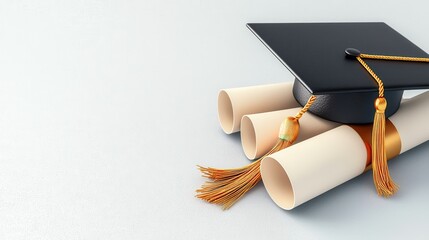 Graduation cap atop rolled diplomas, symbolizing academic achievement, on a clean white background.