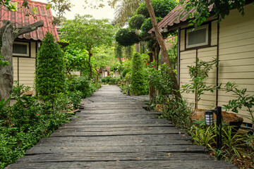 Eco-lodges in tropical resort with wooden walkway and lush, green environment on Phi Phi island, Thailand. Pathway in tropical garden with cozy cottages. Bungalows for sustainable travel and tourism