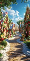 Whimsical Christmas backdrop with elves, candy canes, gingerbread houses, colorful, fun and festive holiday scene.