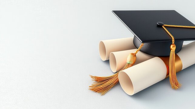Graduation cap atop rolled diplomas, symbolizing academic achievement, on a clean white background.