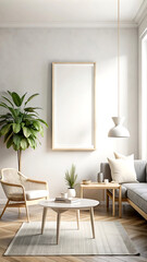 Minimalist modern room interior background, Scandinavian style, 3D render, white Mock up frame