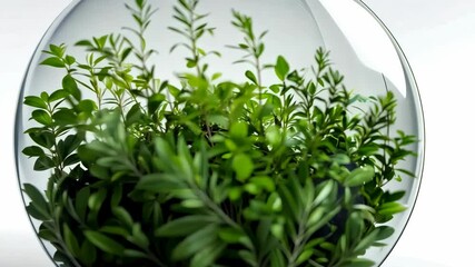 A close-up of a glass sphere filled with green plants, likely a terrarium