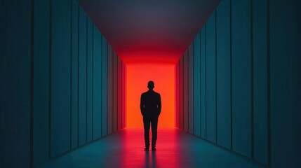 Silhouette of a person standing in a dimly lit corridor with a vibrant red backdrop.