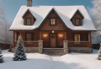 A charming house with snow on the roof, beautifully decorated for Christmas