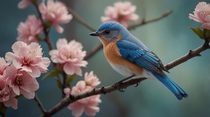 A bluebird perches on a branch of a blooming cherry tree.