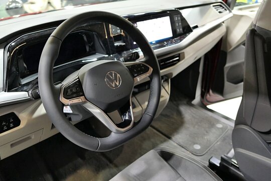 Dashboard and driving wheel of modern german campervan VW California T6 version, displayed on car expo in Nitra, Slovakia, october 2024. 