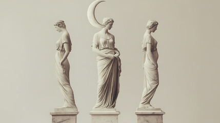 Antique greek sculpture. abstract contemporary aesthetic background set with classic marble woman goddess statue in modern style. Moon Goddess. Illustration