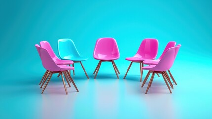 A colorful classroom with desks arranged in a circle for group learning, 3D illustration