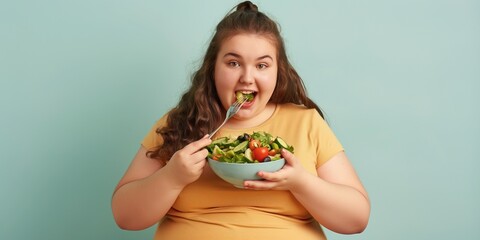 Overweight woman eats healthy vegetable salad on colored background. Fresh greens, colorful vegetables in blue bowl. Woman in yellow shirt, light blue background. Calm and serene atmosphere.