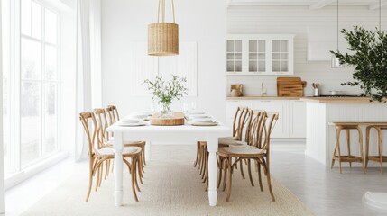 A spacious dining area showcases a white table surrounded by elegant wooden chairs. Natural light floods the room, enhancing the minimalist decor, with greenery adding a fresh touch.