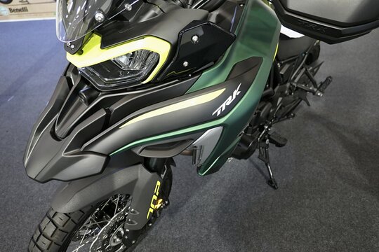 Upper front detail of front mask of Benelli TRK 502 motorbike, dual sport bike belongs under Qianjiang Group of Geely motor China but still manufactured in Pesaro, Italy. 