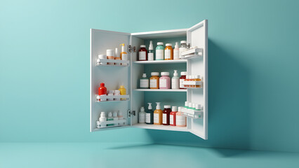 A Detailed Profile Photo of an Open Medicine Cabinet: Organized Health Essentials at Home