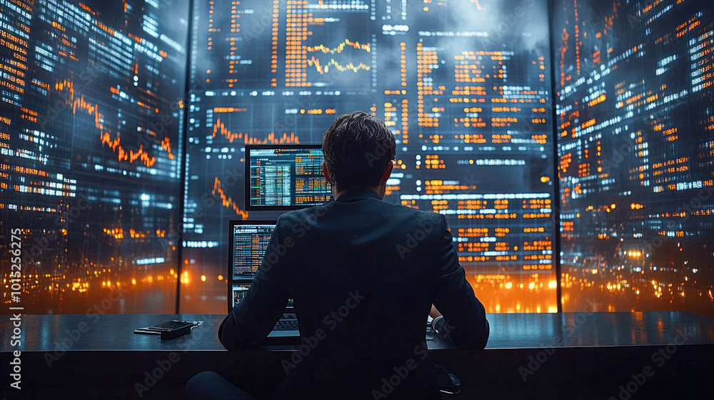 Poster a man analyzes stock market data on multiple screens in a dark room filled with illuminated financia