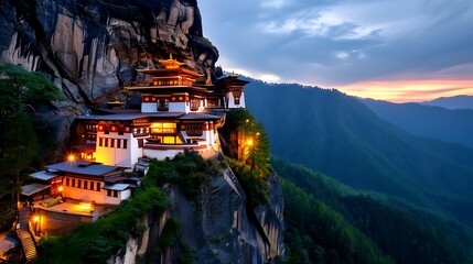 Serene Mountain Temple at Dusk in Bhutan