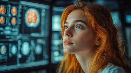 Naklejka premium A young woman gazing thoughtfully at brain scans on a futuristic medical display. Technology and health care intersect in a modern lab environment