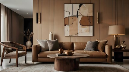 A refined interior showcasing a sleek tan sofa, abstract art pieces, polished wooden tables, and chic decor items. Earthy tones and a touch of sophistication.