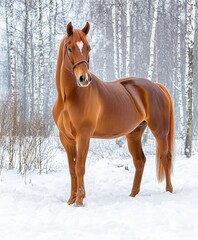 A strong redbrown horse standing confidently in the snow-covered forest.