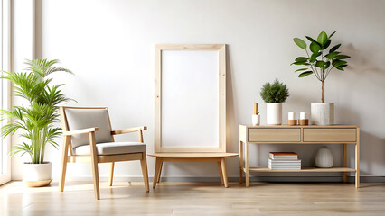 Mock up frame close up in home interior background, white room with natural wooden furniture, 3d render, white Mock up