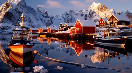 Fototapeta premium Scenic Winter Village with Boats and Snowy Mountain Reflections