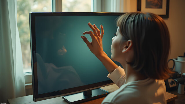 A Whimsical Scene of a Person Fiddling with an Unturned Television in a Humorous Light