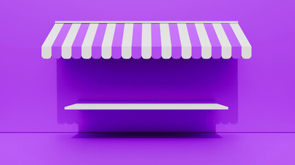 Striped street shop tent and shelf 3d illustration on purple wall. Realistic striped cafe awning on purple wall. Outdoor market tent and shelf. Roof canopy. Sale background concept.