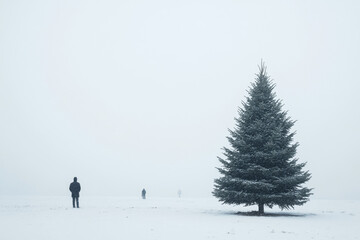 Winter landscape with a lone evergreen tree, snow-covered field, and distant people walking in the fog