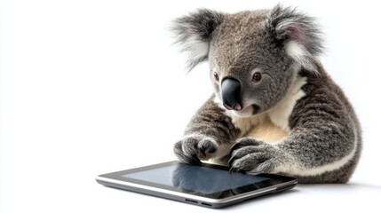 Naklejka premium koala sitting with its paw on a touchscreen tablet, isolated against a white background