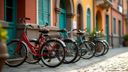 Obraz premium A Captivating Photo of Vintage Bikes Parked Outside a Charming Building Showcasing Retro Designs