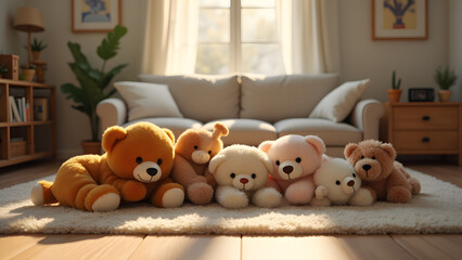 A Playful Display of Stuffed Animals Scattered Across a Cozy Living Room Floor, Creating a Fun Atmosphere