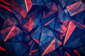 Backdrop with contemporary abstract design featuring layered red and blue  triangles and geometric shapes. Modern geometry background. front view. Digital 3D render. wallpaper with texture.