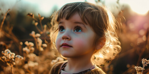 Fototapeta premium Captivating Portrait of a Curious Child in a Sunlit Field of Wildflowers