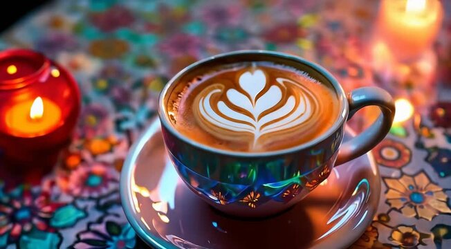 ntricate cup of coffee, iridescent and opalescent, zellige tile design, neon colors-Ai generator	