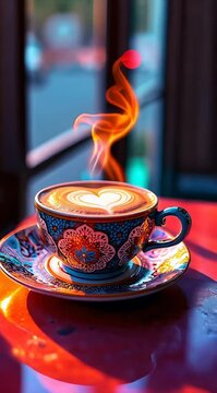 ntricate cup of coffee, iridescent and opalescent, zellige tile design, neon colors-Ai generator	