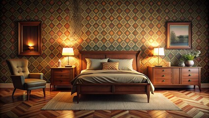 Capture the essence of vintage 1980s bedroom furniture through night photography, ideal for retro home decor enthusiasts seeking nostalgic and