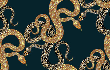 
Seamless pattern of python snakes on a dark emerald background, for textiles, wallpaper, packaging.