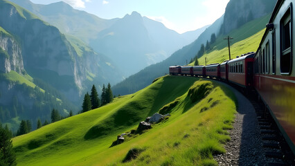 Fototapeta premium The Majestic Journey: A Train Traversing Down a Steep Mountainside Pasture